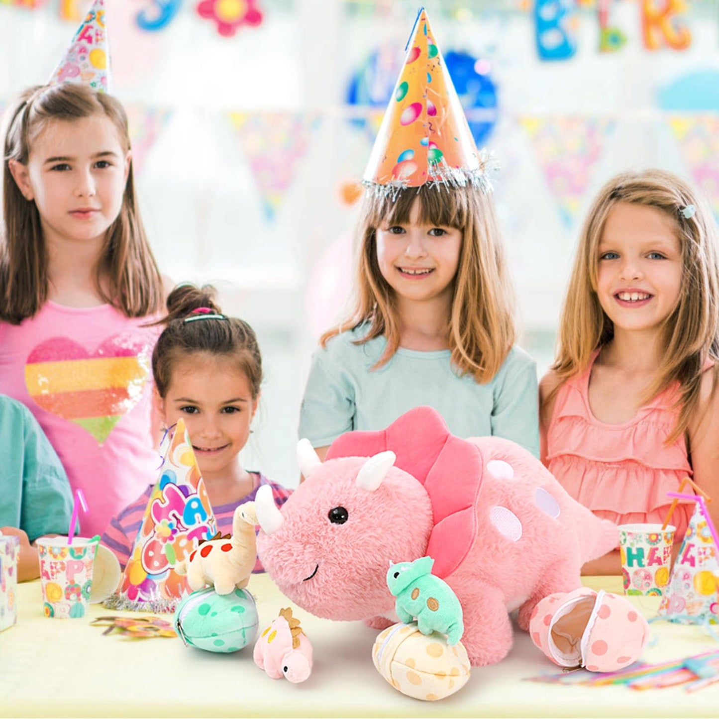 Karister Plush Dinosaur Stuffed Animals Set - Pink Mommy Dinosaur with 3 Baby Dinosaurs (Triceratops, Stegosaurus, Diplodocus)