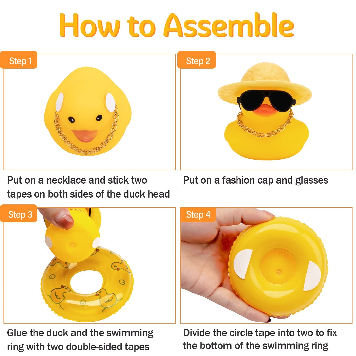 Wonuu Car Rubber Duck, Yellow Duck Decoration Dashboard With Sun Hat Swim Ring Necklace Sunglasses For Car Dashboard Decorations, Black Top Hat-Transparent