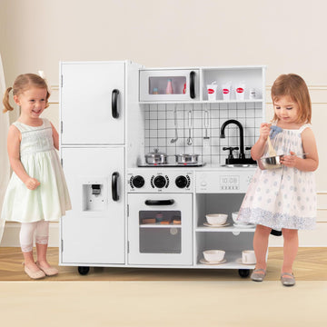 INFANS Play Kitchen for Kids, Wooden Kids Play Kitchen Playset with Realistic Light & Sounds, Pots Pan Microwave Sink, Children