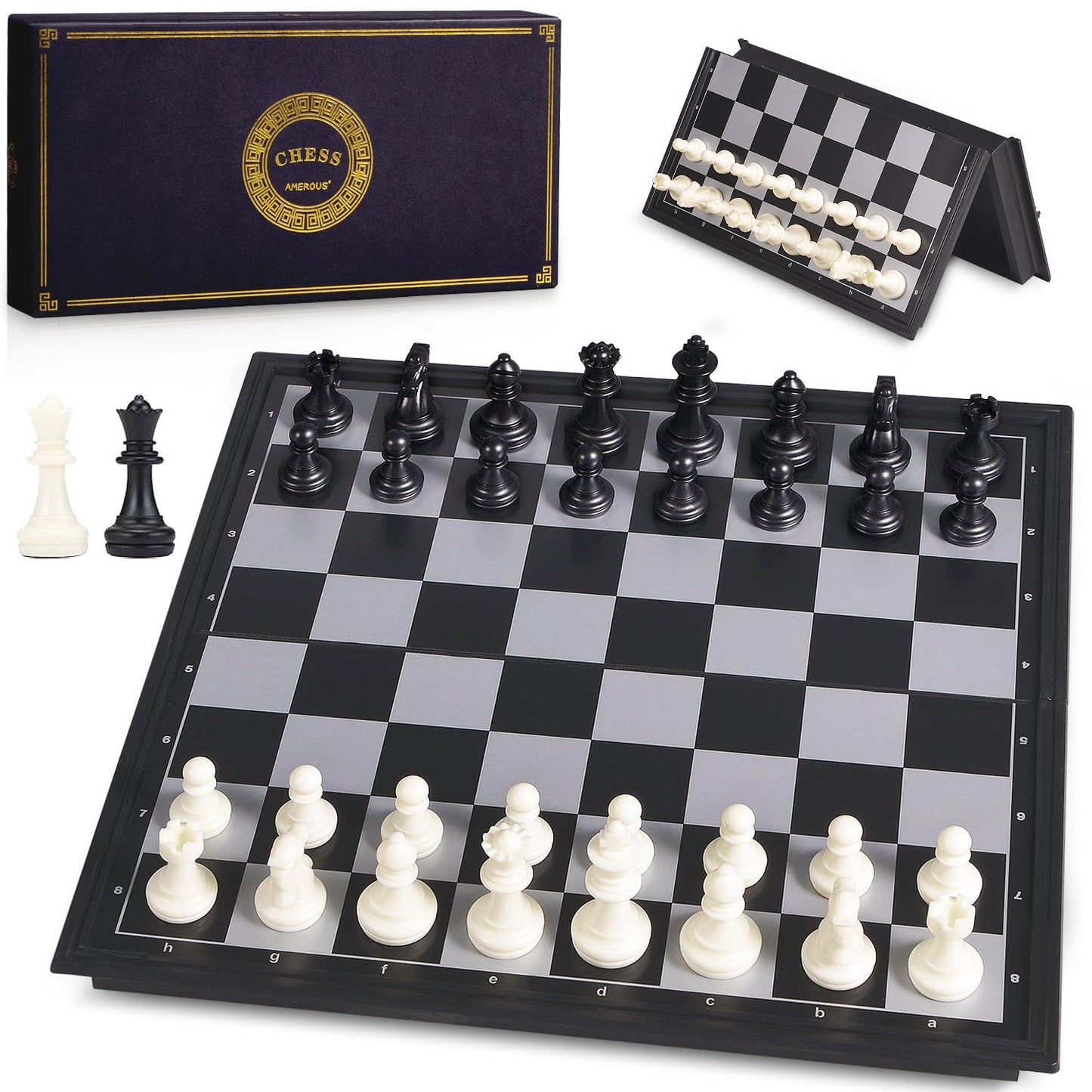 AMEROUS 10 Inches Magnetic Travel Chess Set with Folding Chess Board - 2 Extra Queens - Storage Bag for Pieces - Instructions for Beginner  Kids and Adults-New