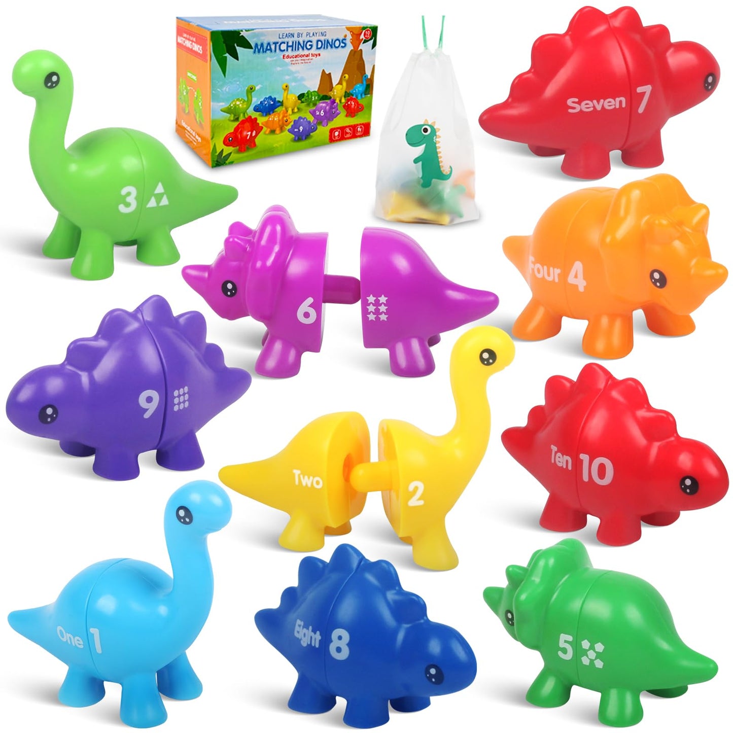 Numbers Matching Game 10 Pcs,123 Counting Dinosaur Toy Montessori Learning Toys For 12 Months Toddlers Kids Ages 1 2 3 4 5 Years Old, Mathematics Educational Preschool Fine Motor Skill Dinosaur Set