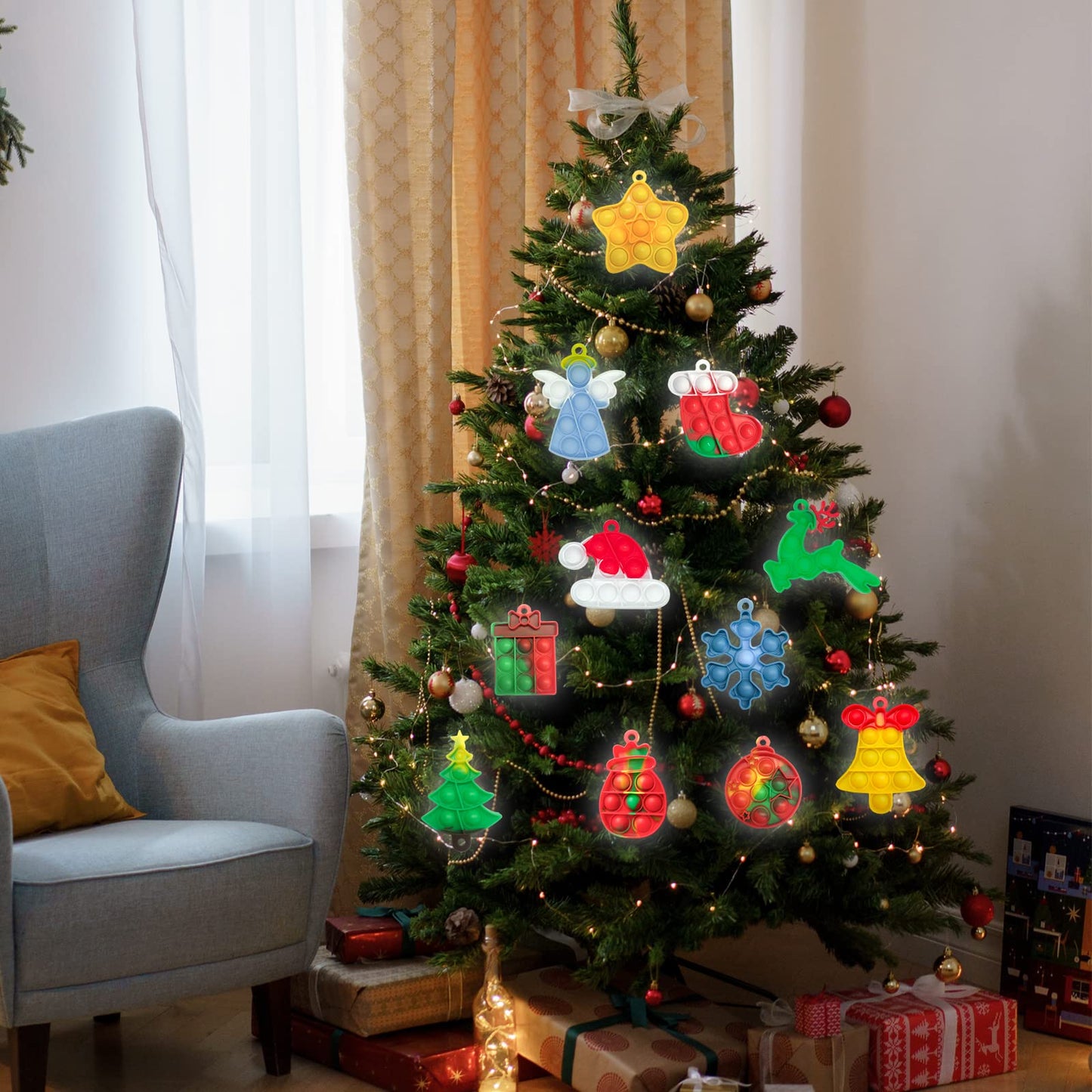 60PCS Christmas Mini Pop Keychain Fidget Toy, Mini Push Pop Bubble Fidget Sensory Toy Keychains, Christmas Pop Fidget Toys, and