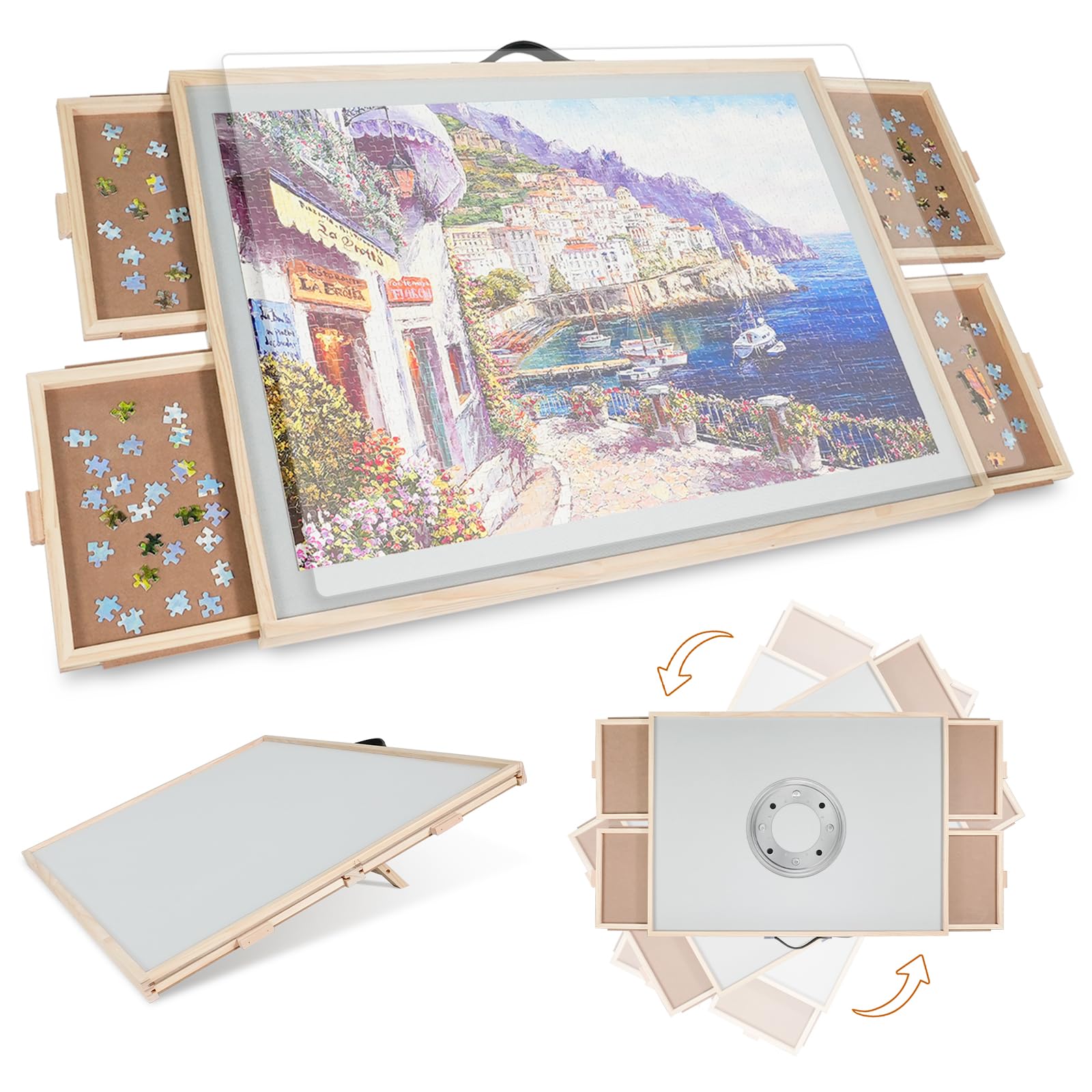 All4Jig 2-In-1 Tilting & Rotating Puzzle Board For Adults Gifts, Wooden Jigsaw Puzzle Table With 4 Drawers, Portable Puzzle Tabl