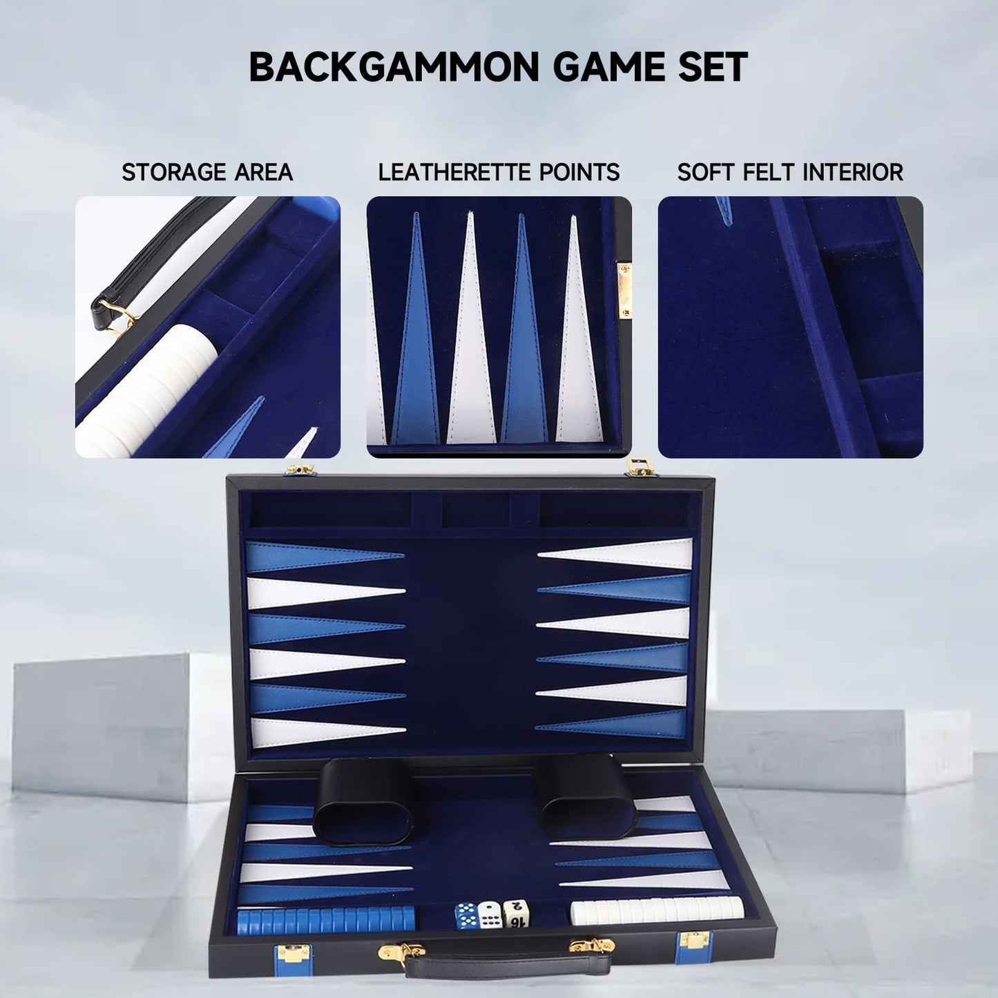 GSE Games & Sports Expert enhanced Leather Backgn Board Game Set  Classic Backgn Game Set with Leather Case  Travel Folding Board Game (Black&Blue  Medium)