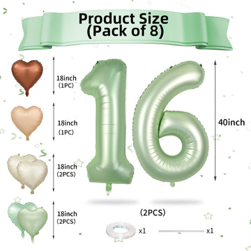 Biapian 40 Inch Sage Green Number 16 Balloons, Large Foil Number 1 & 6 Balloons With 18'' Cream Brown Heart Balloons For 16Th Ye