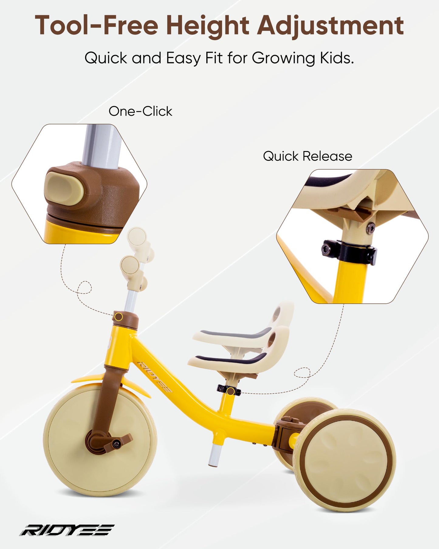 RIDYEE 4-in-1 Toddler Tricycle, Tool-Free Mode Switch, One-Click Height Adjustment, Yellow, for Ages 18 Months to 3 Years