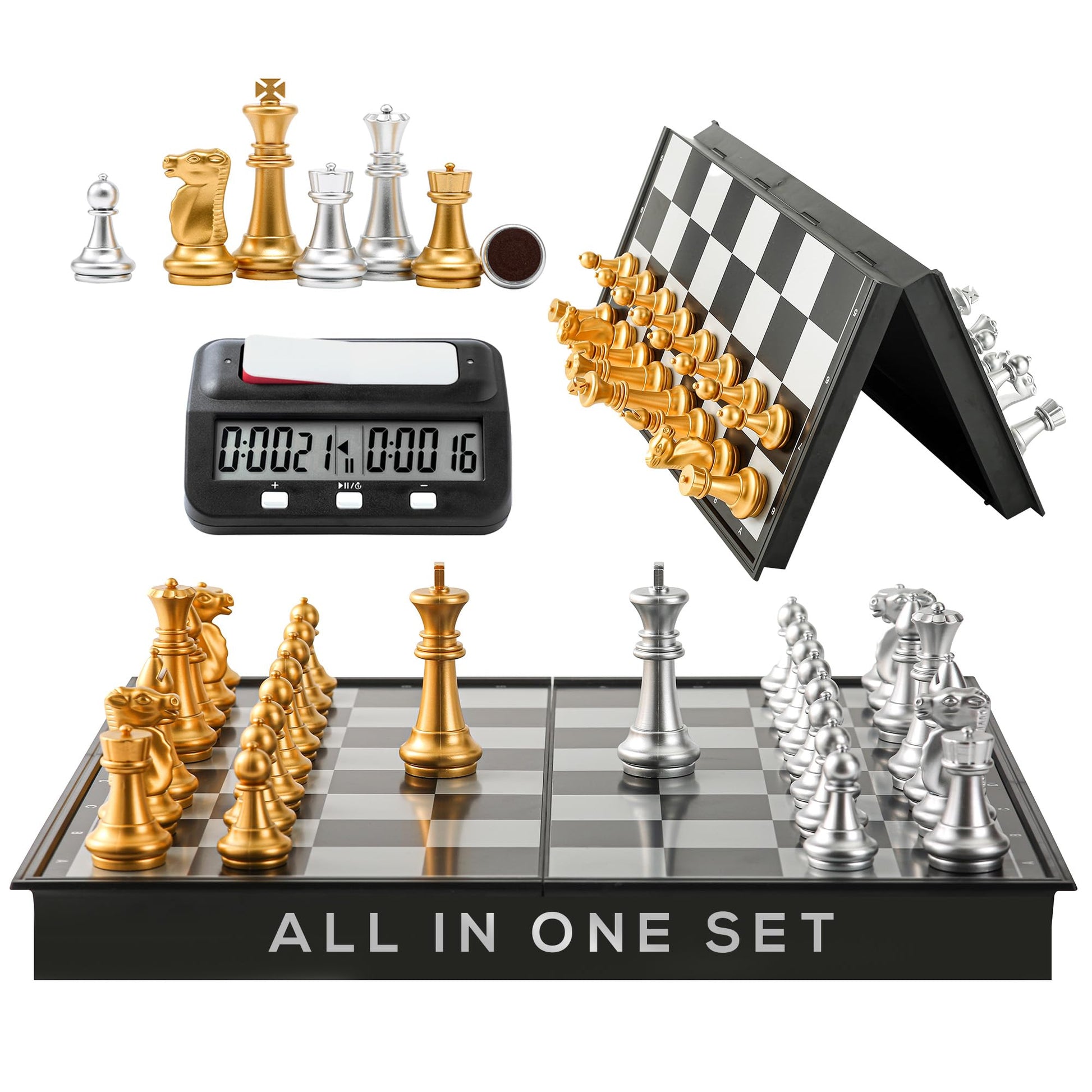Magnetic Chess Board Game & Digital Chess Clock Timer Set - Professional And Portable, 14' X 14' Inches Chess Board - Travel Chess, Board Games