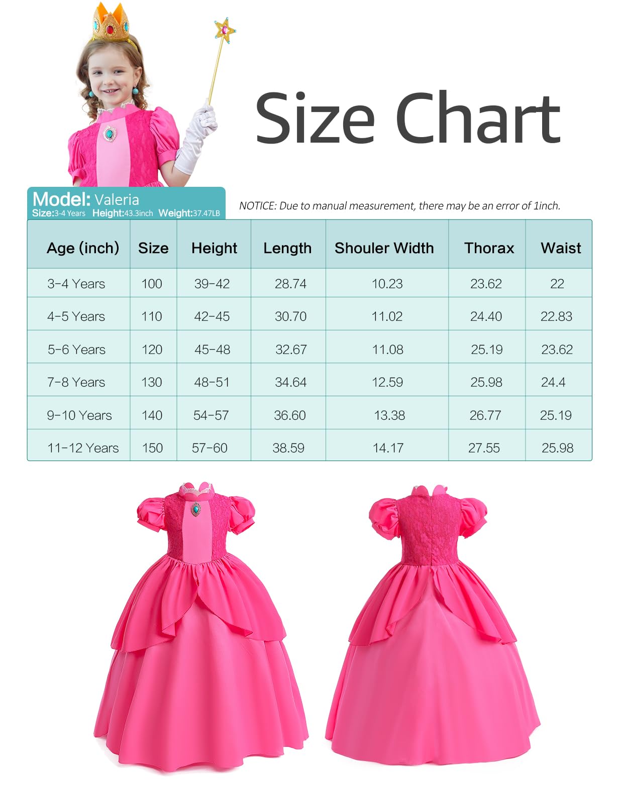 Sabbenia Pink Princess Costume for Girls Cosplay Pink for Halloween Birthday Party Dress Up 3-4Y