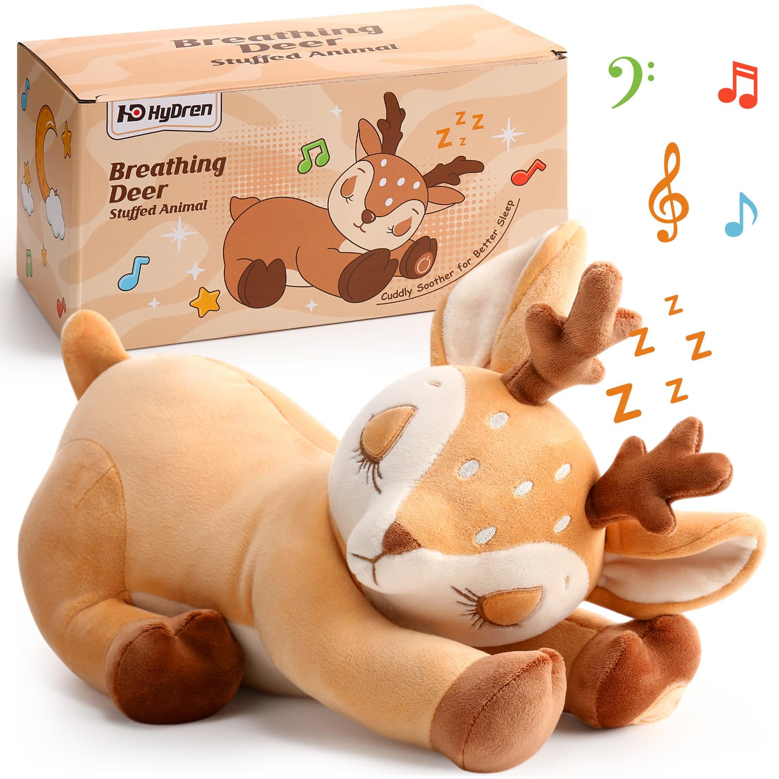 HyDren Deer Breathing Stuffed Animal Soft Soothing Stuffed Animal Deer Plush Anxiety Plush Toys with Music Lights and Realistic Breathing Motion for mature-themed Kids Anxiety Relief Relaxation Sleep Calming