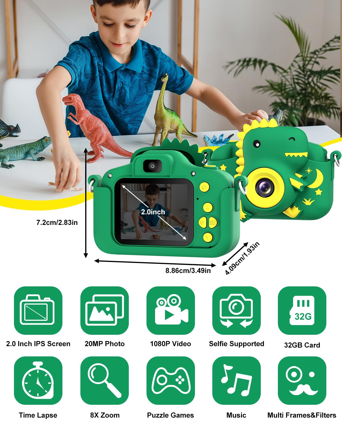 GREENKINDER Kids Dinosaur Digital Camera, 1080P HD, Compact Green, Ages 3-12, Perfect Christmas/Birthday Gift for Boys & Girls