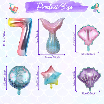 7Th Birthday Decorations - 8Pc Mermaid Balloons, 40' Rainbow 7, Helium Foil Mermaid Tail, Seashell Balloons