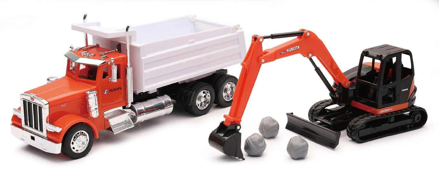 Peterbilt Dump Truck Kubota'' Orange And White With Kubota Svl95-2S Compact Track Loader Orange And Black And Boulders Set Of 2