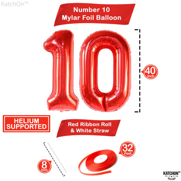 Katchon, Giant Red 10 Balloon Number - 40 Inch | 10Th Birthday Decorations | Red 10Th Birthday Balloons For 10 Birthday Decorations Red | Red Number 10 Balloons