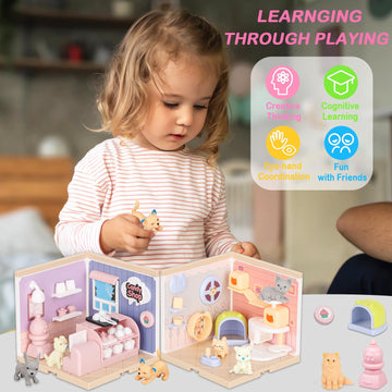 TQQFUN Cat Toys for Kids, 76 Pcs Cat and Dog Pretend Play Figures Playset, Toddlers Gift Interactive Role Play with Cake Treats,
