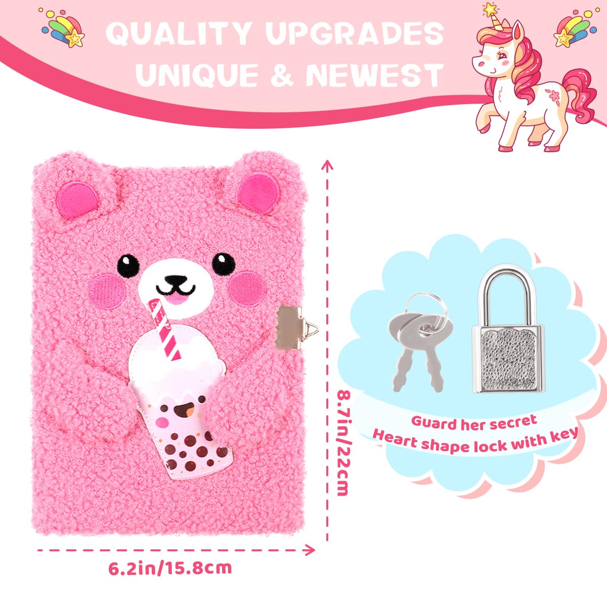 Prinbarbee Bear Diary With Lock,Cute Diary For 6 7 8 Year Old Girl,Kids Journal Notebook Set With Multicolored Pen,Plush Secret