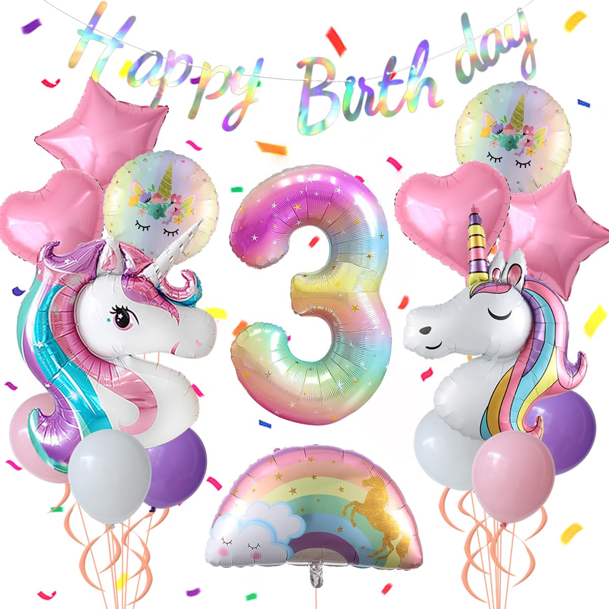 Unicorn 3Rd Birthday Party Decorations For Girl Purple Pink Unicorn Party Theme Balloon Set, Large Rainbow Unicorn Helium Balloo