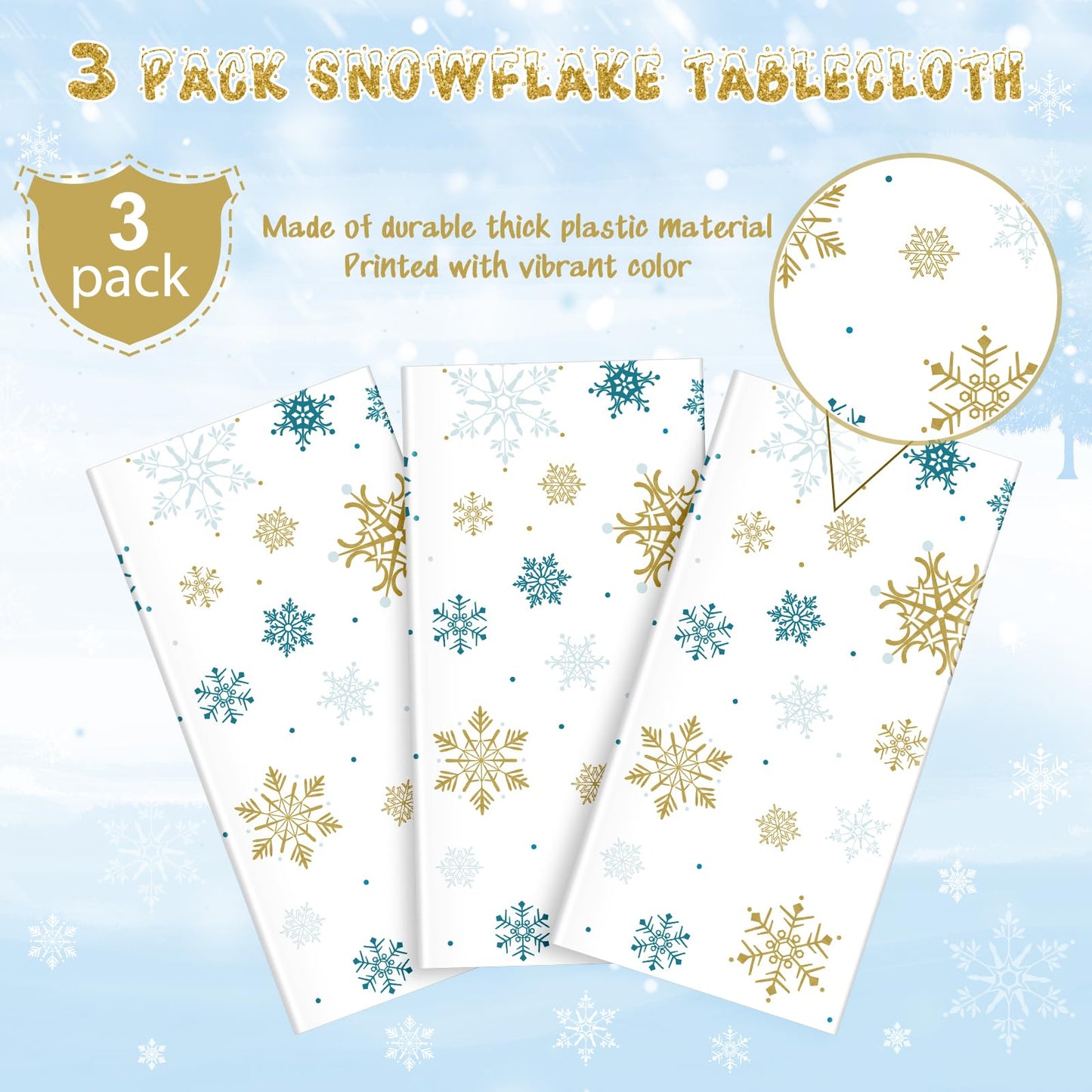 3Pcs Snowflake Plastic Tablecloth Christmas Snowflake Disposable Table Cloth White Blue and Gold Winter Wonderland Table Cover f