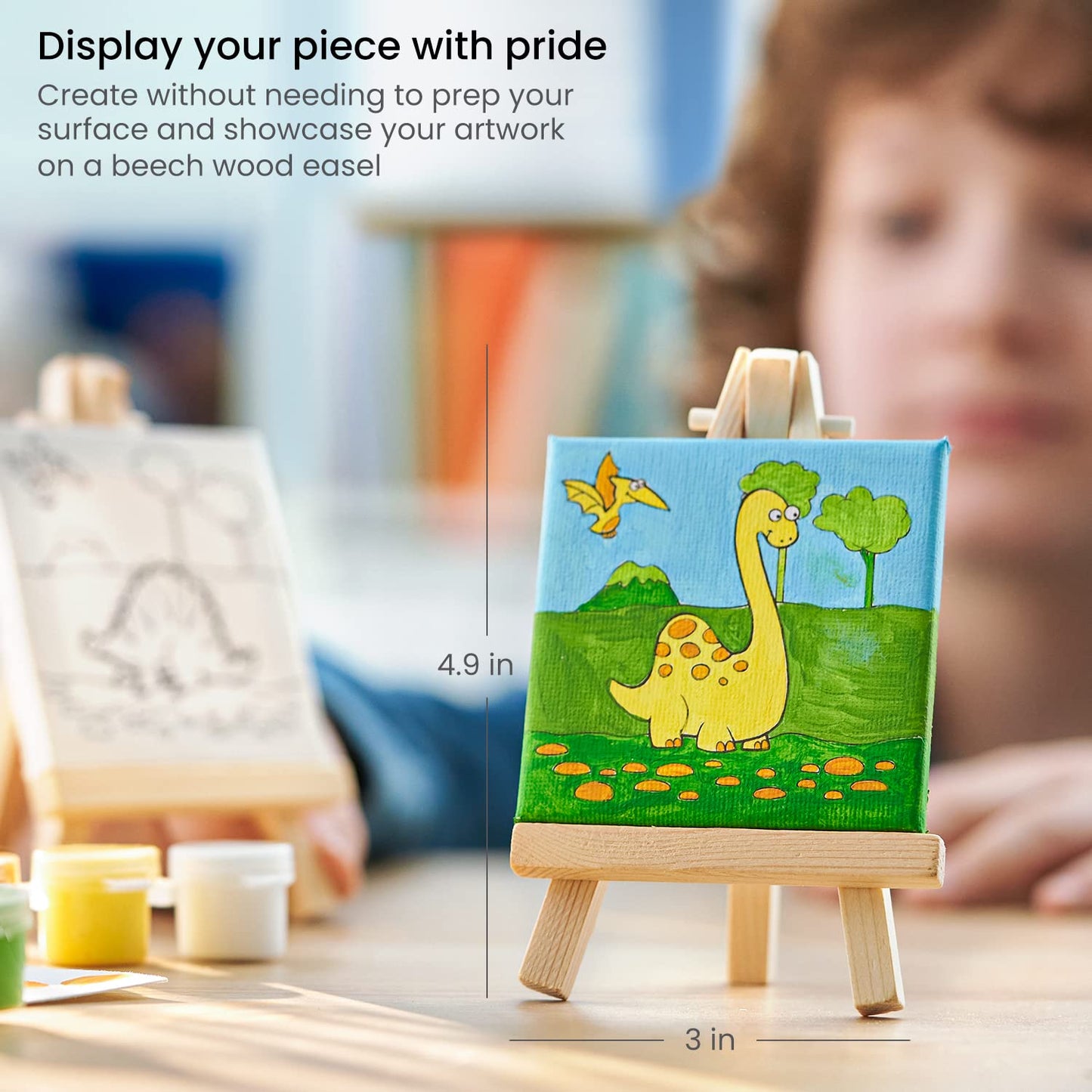 Arteza Kids Dinosaur Painting Kit, 4 Canvases 3 X 3 Inches, 4 Easels, 12 Acrylic Paints, 2 Paint Brushes, 1 Palette, Kids Activities For Ages 6 And Up