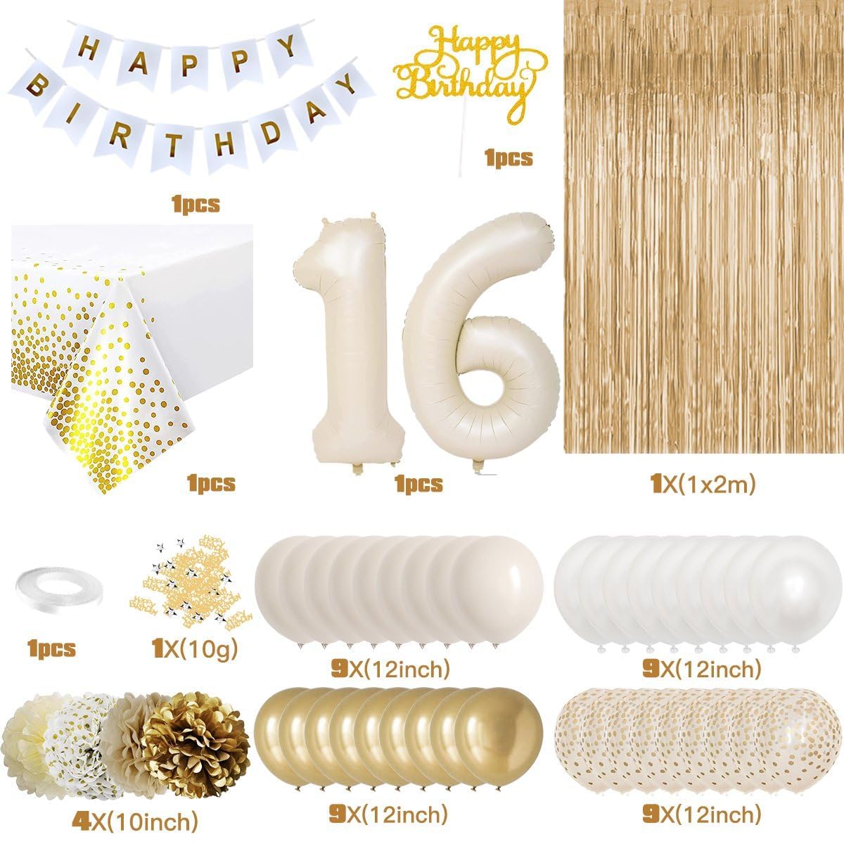 Sweet 16 Birthday Decorations, White And Gold 16Th Birthday Decorations For Girls Boy 16Th Happy Birthday Banner Tablecloth Frin