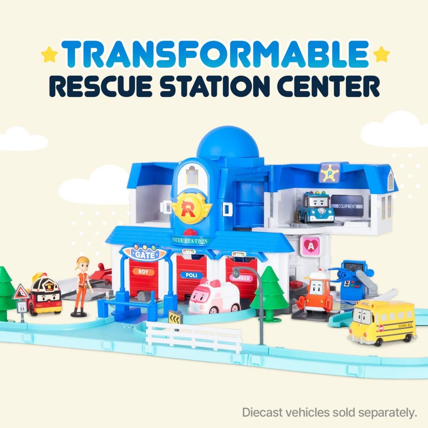 Robocar Poli Transforming Headquarters Playset - Rescue Center Race Track for Diecast Cars, Firetruck Station, Ages 1-5, Plastic