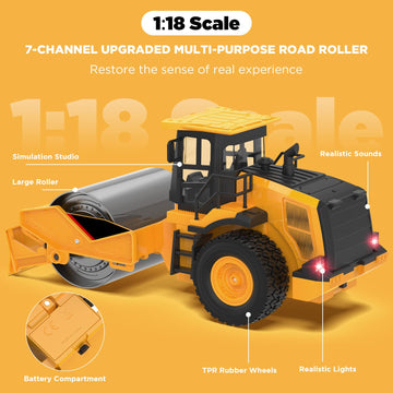 Kidditoy 7-Channel Remote Control Road Roller Toy, [2025 Upgraded] 1:18 Scale Construction Vehicle, 100Min Playtime, Realistic S