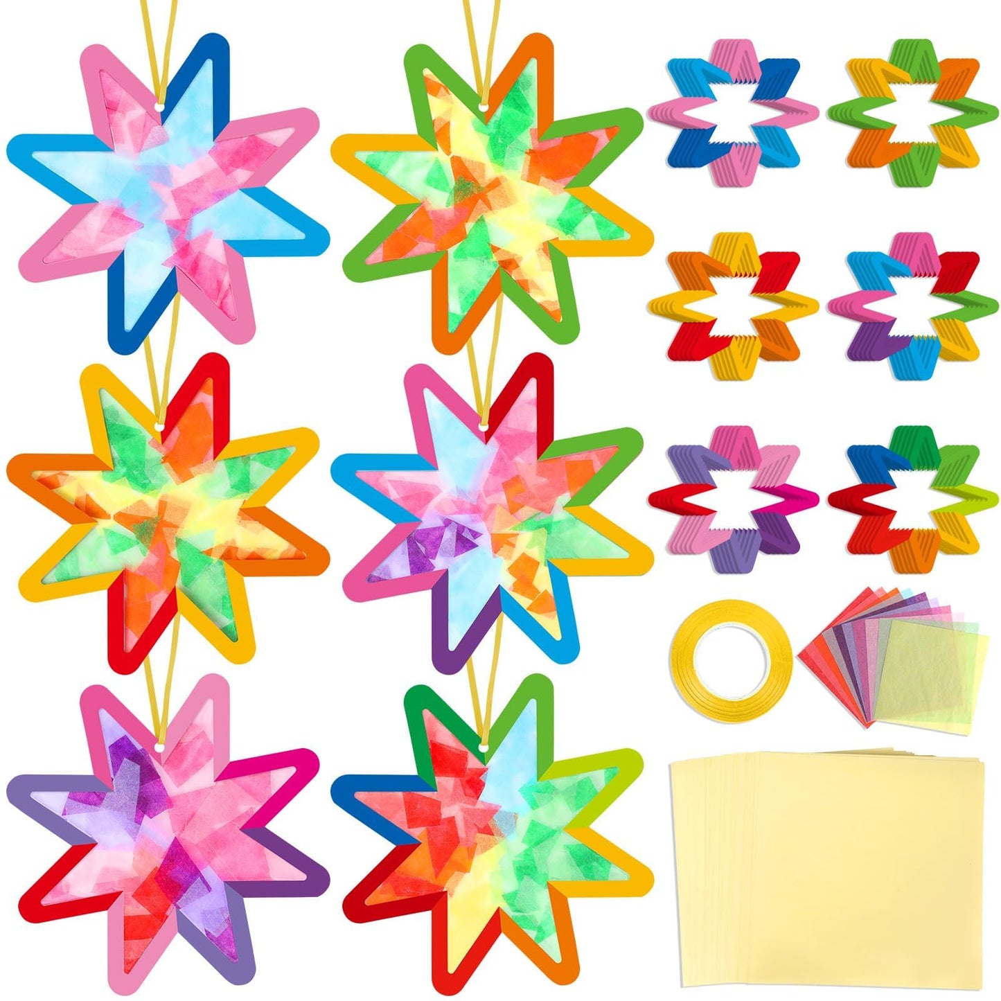 Qyeahkj 36 Set Summer Star Suncatchers Crafts for Kids DIY Star Window Tissue Paper Craft Kit Art Ornament Hanging Decor for Sch