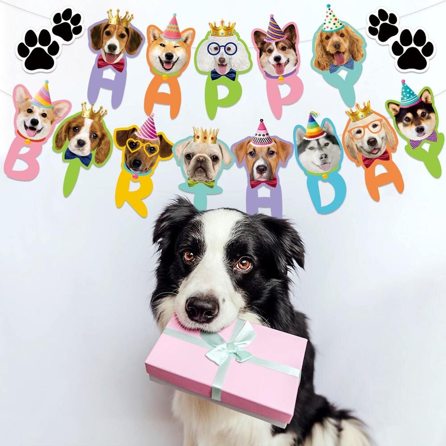 Tsj Happy Birthday Dog Birthday Banner, Dog Face Party Banner, Dog Theme Party Bunting Decoration Puppy Party Supplies For Birth
