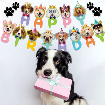Tsj Happy Birthday Dog Birthday Banner, Dog Face Party Banner, Dog Theme Party Bunting Decoration Puppy Party Supplies For Birth