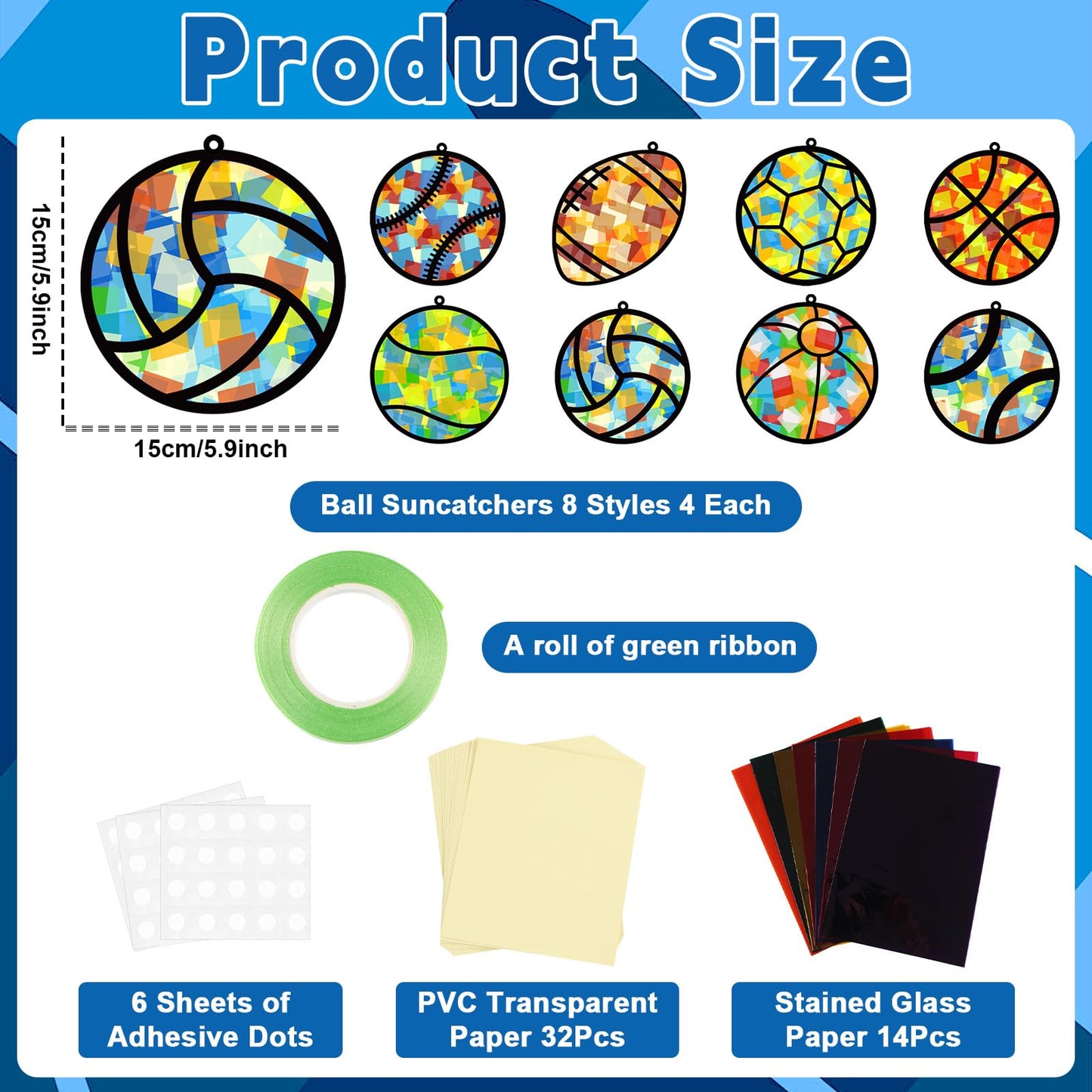 QOUBAI 32 Sets Sports Ball Suncatchers Craft Kit - Colorful DIY Paper Craft for Kids, Small Size, Model QB1045, Home Decoration
