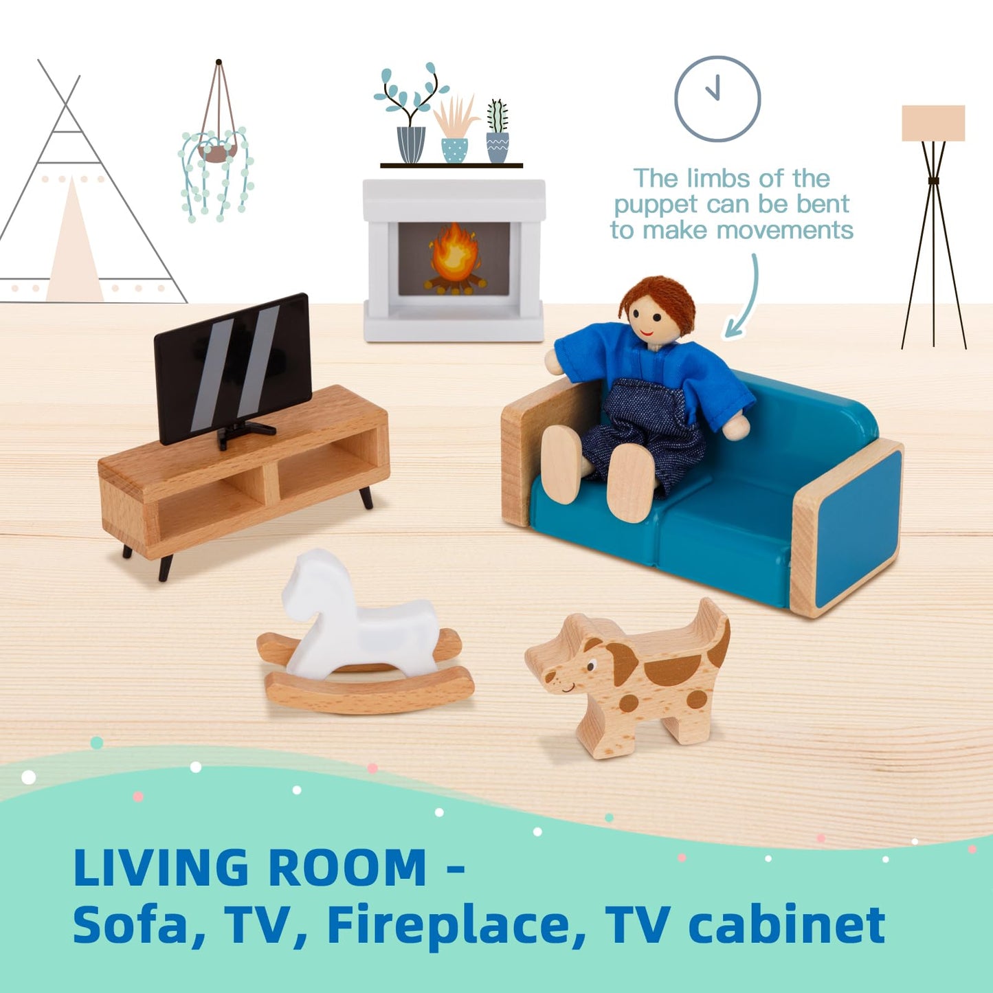 Oook Wooden Dollhouse Furniture Set For Kids, 26 Pcs Dollhouse Accessories With 4 Family Dolls And Dog, Miniature Doll House Fur