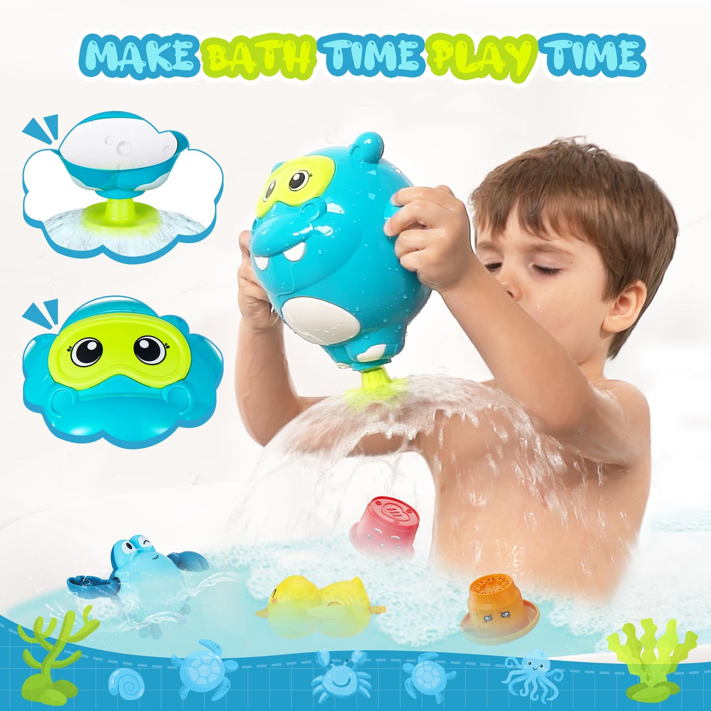 Ekueasyku Bath Toys For Kids Ages 1-3 2-4 4-8 Hippo Toddler Bath Toys Water Toys With Burger Stacking Cups Swimming Duck Crab Ba
