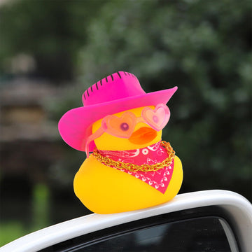 Wonuu Car Rubber Cowboy Duck, Yellow Ducks Decoration Dashboard With Cowboy Hat Necklace Sunglasses, Pink Black Line