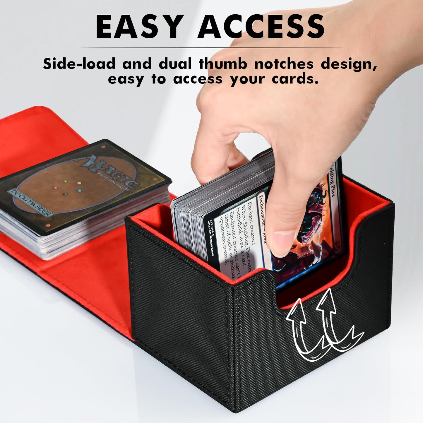 ZLCA Trading Card Deck Box - Faux Leather, Holds 120+ Single Sleeved Cards, Horizontal Size, Black & Red