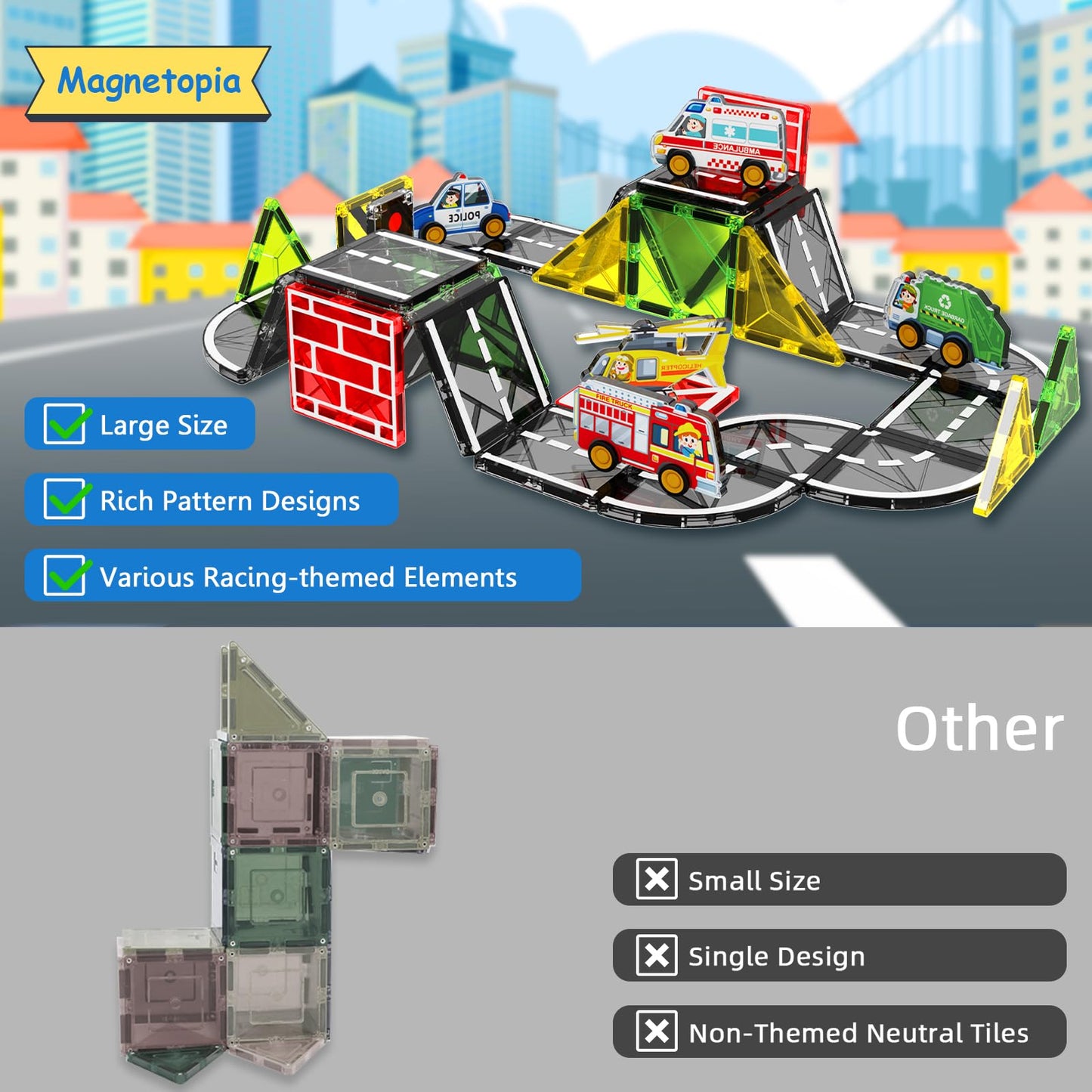 Magnetopia Magnetic Tiles Road Car Set, Plastic Building Blocks for Kids, Small, Clear, Model MS BLOCKS, STEM Montessori Toys