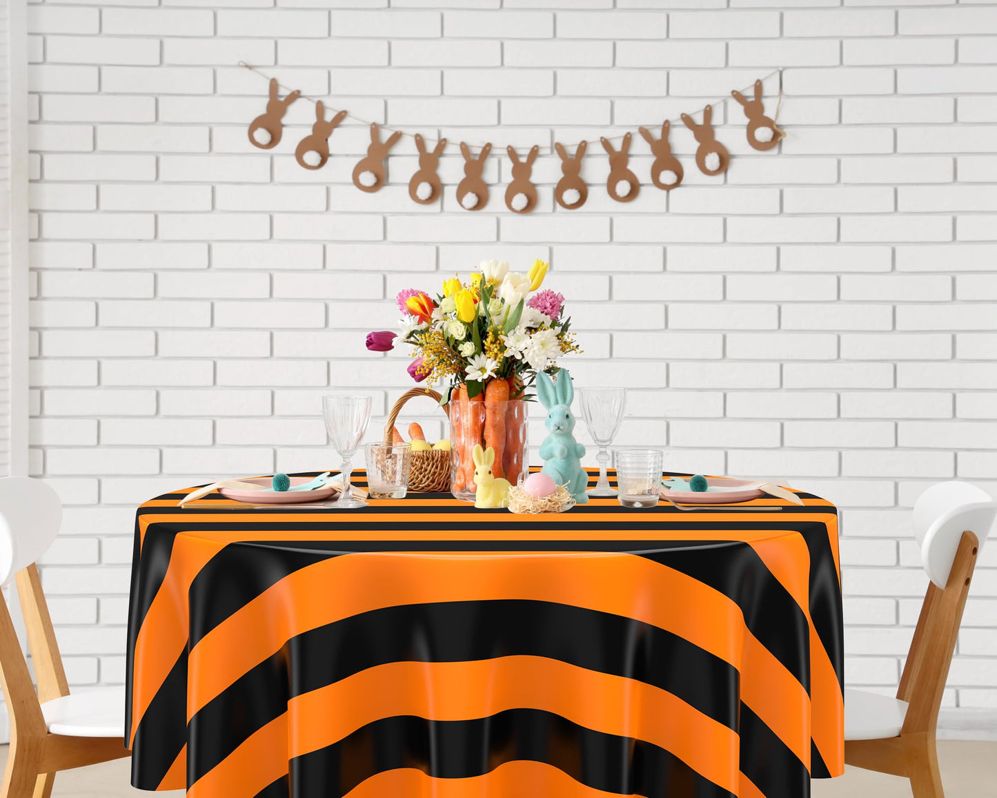 Tatuo 6 Pcs Black and Orange Round Circus Table Cloth 84 Inch Carnival Circus Tablecloths Striped Disposable Plastic Table Cover