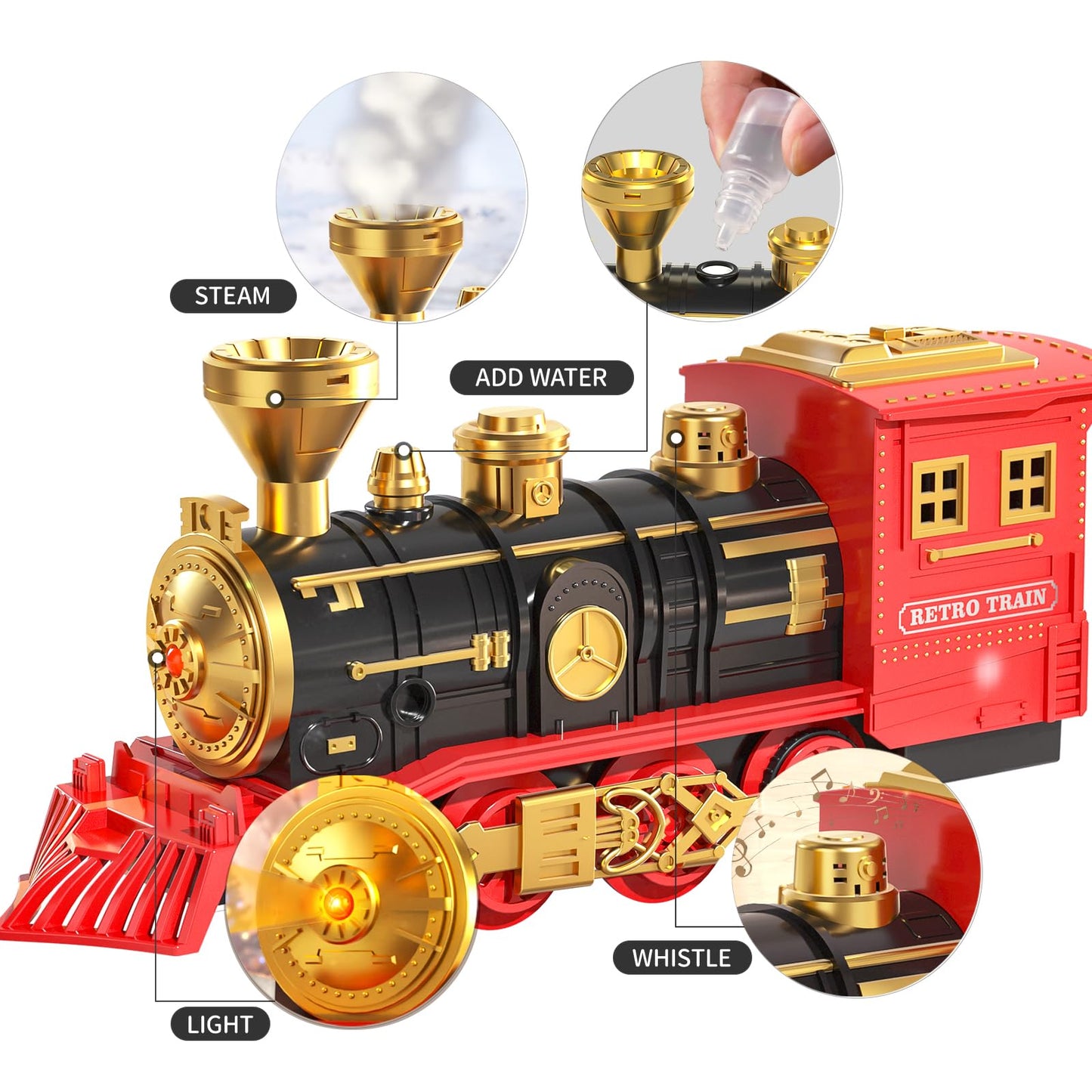TEMI Train Set for Kids - Rechargeable Red Steam Engine with Cargo Car, Light & Sounds, Medium Size, Gift for Ages 4-7