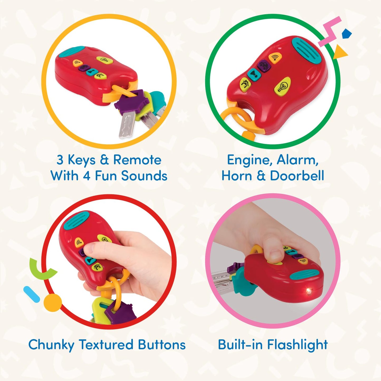 Battat – Toy Keys Set – 3 Keys & Remote With 4 Fun Sounds – Mini Flashlight – Toy Car Keys With Fob For Baby, Toddler – 10 Months + – Light & Sound Keys, Red
