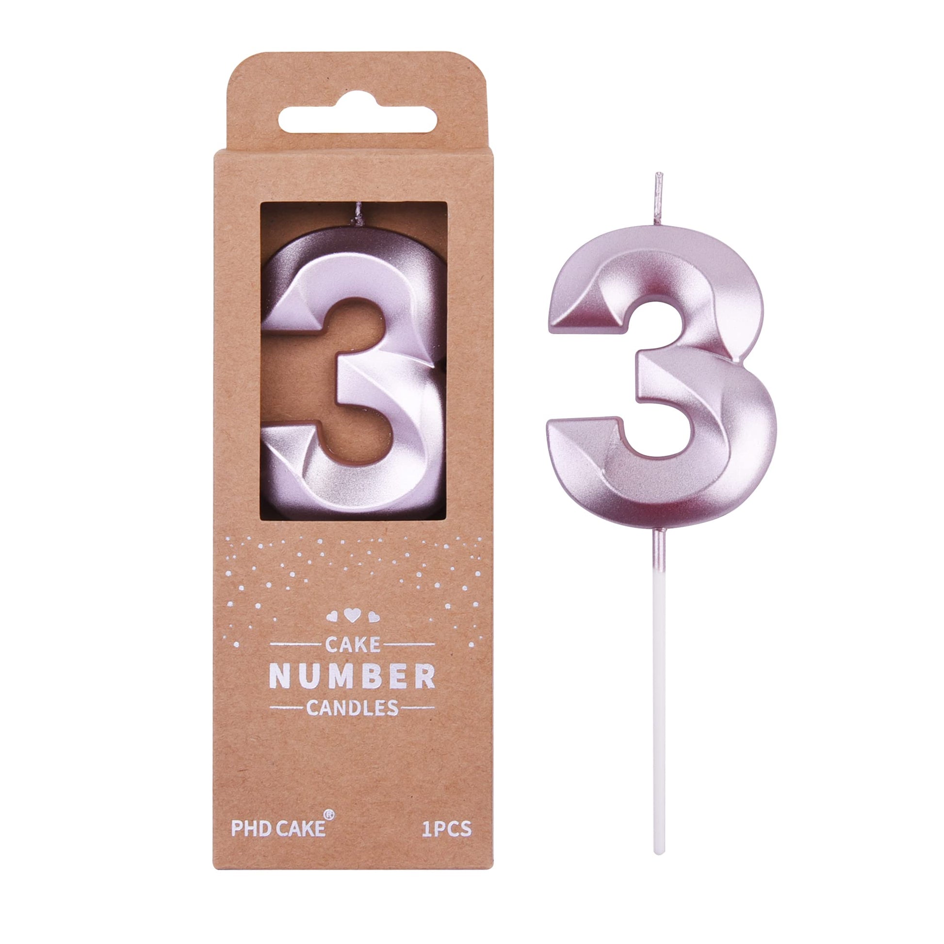 PHD CAKE 2.76 Inch Diamond Rose Gold 3 Number Birthday Candles, Rose Gold Number Candles, Cake Number Candles, Party Celebration