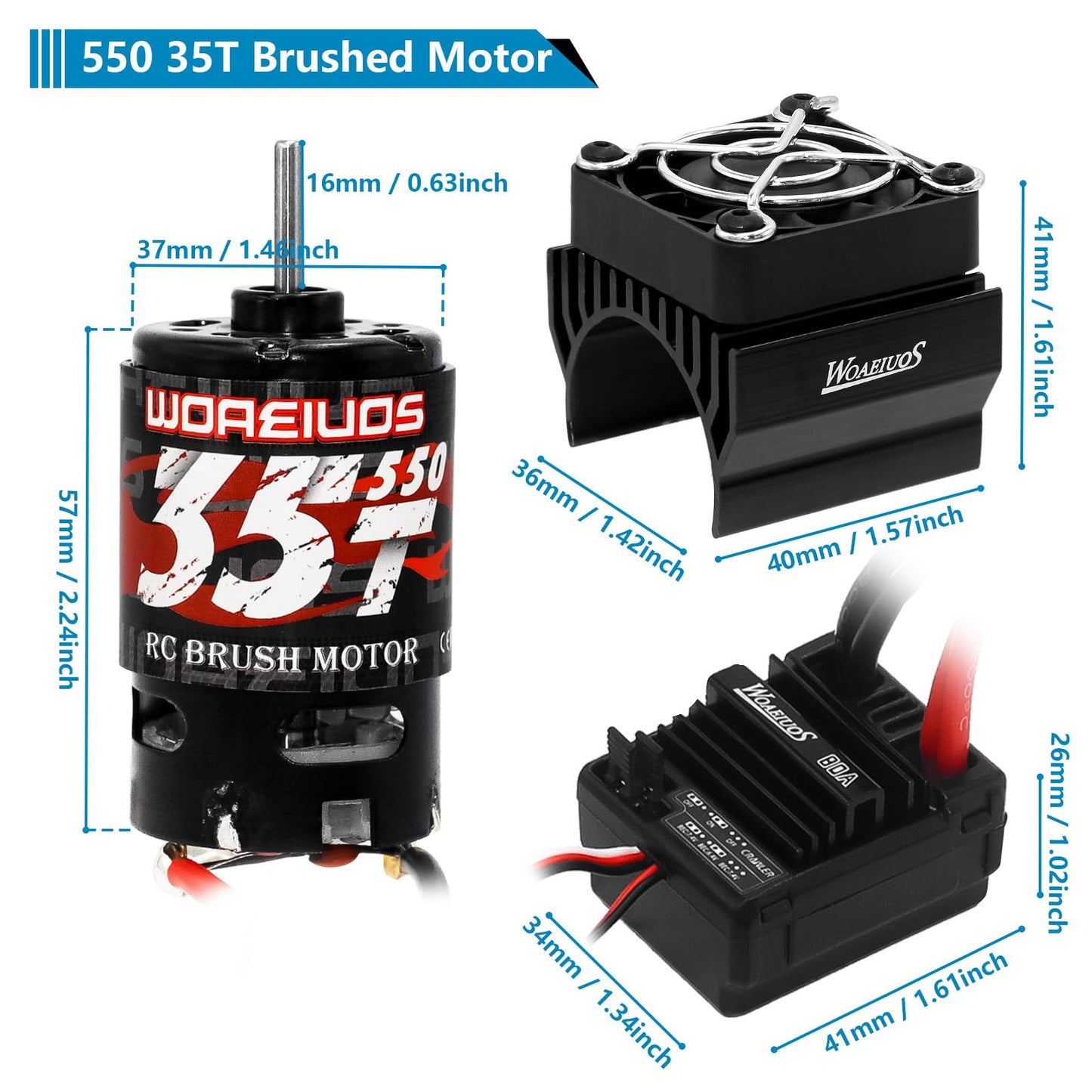 WOAEIUOS 550 Brushed Motor 35T & 80A ESC & Heatsink Combo for 1/10 RC Car TRX4 TRX6 Redcat SCX10 SCX10II AXI03007 JL 90046 RC4WD