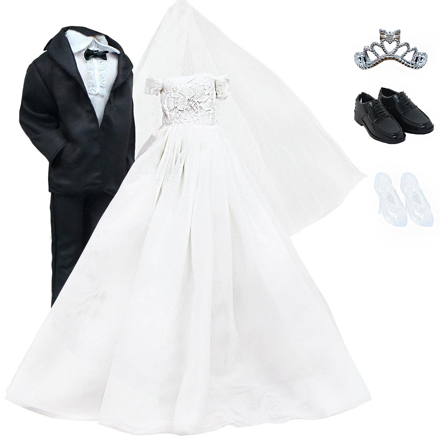 Bjdbus Wedding Set White Dress Bridal Veil And Groom Formal Suit Outfit For Boys Girl 11.5 In. Doll Clothes