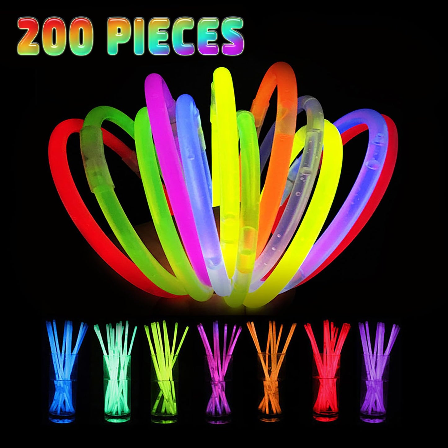 HONLYNE 200 Pcs Glow Sticks Bulk Party Pack, 8 Glow in the Dark Party Supplies, Glow in the Dark Light Up Sticks with Connecto