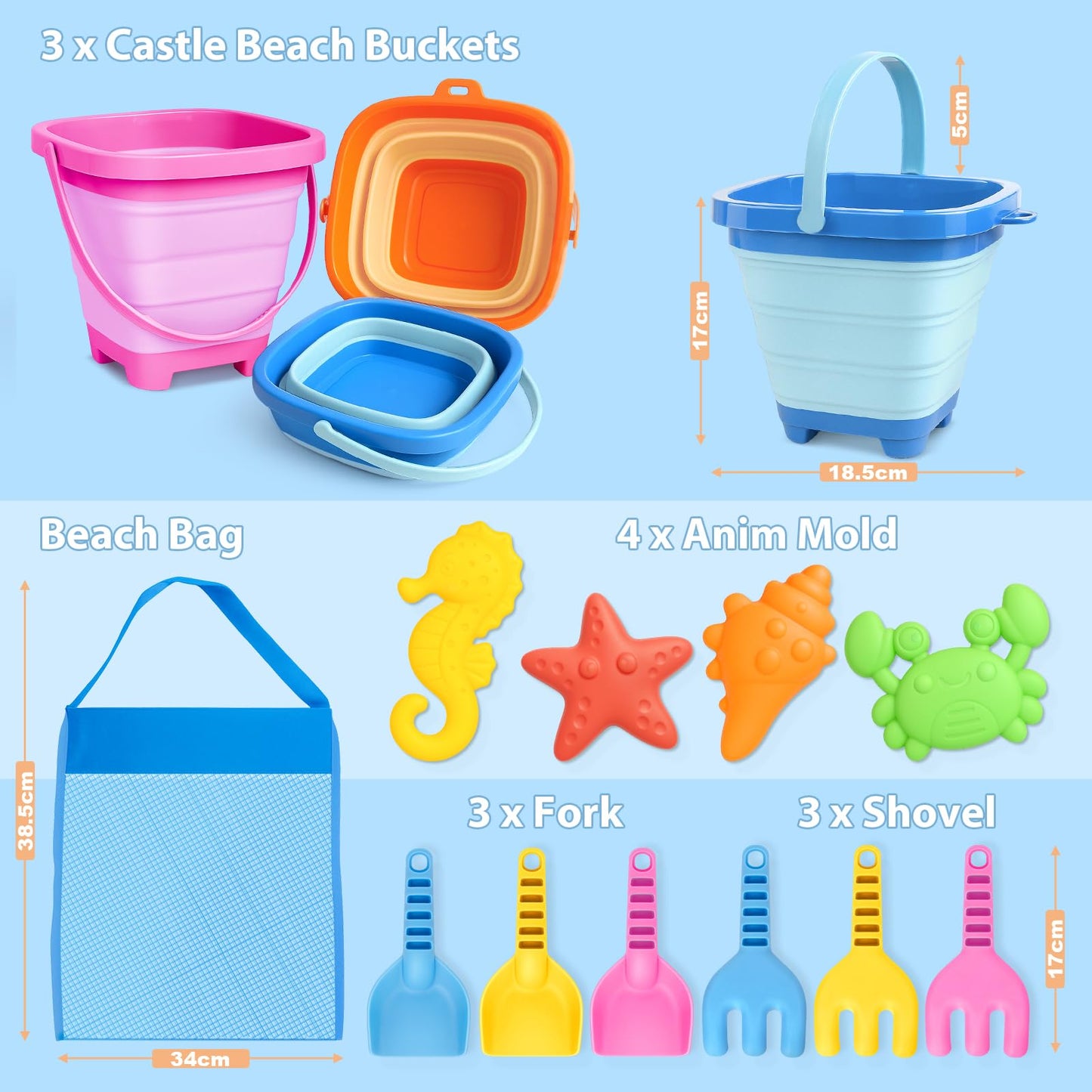 Dreamon Beach Toys for Kids 3-10, Collapsible Sand Castle Toys for Beach Include 3 Pack Foldable Buckets, Shovels Molds and Stor