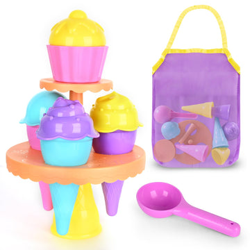 Beach Toys Ice Cream Sand Toys - Toddlers Beach Essentials for Kids Girls Boys, Sand Molds, Shovels with Collapsible Mesh Bag, T