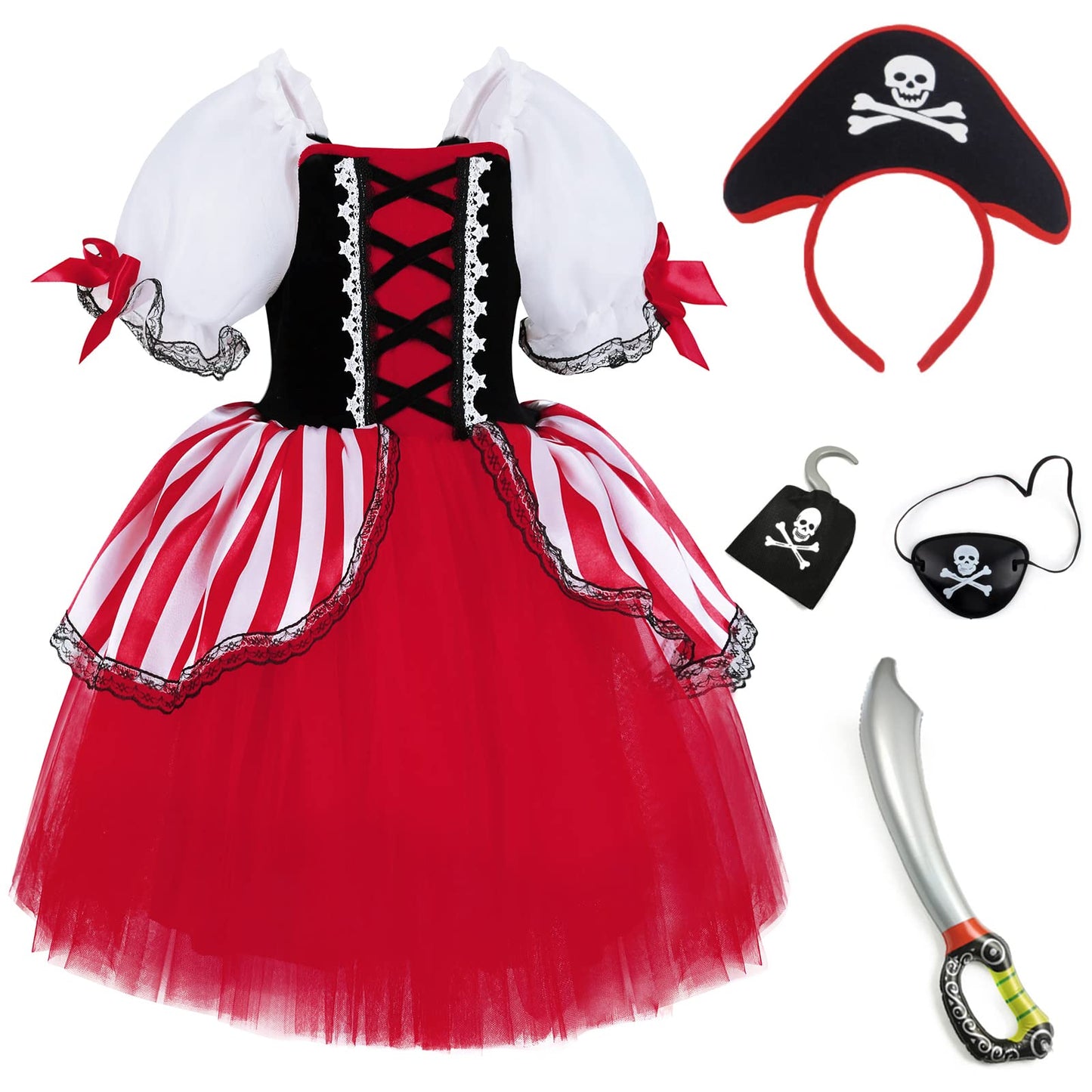 Tyhtym Pirate Costume Little Girls Halloween Dress Up Boys Cute Kids Cosplay With Hat Eye Patch (Red, 2-3T)