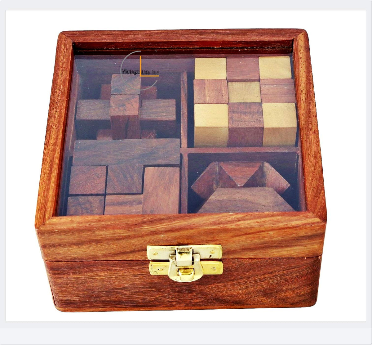 4 Wooden Puzzle Gift Set in A Wood Box  3D Unique IQ Puzzles