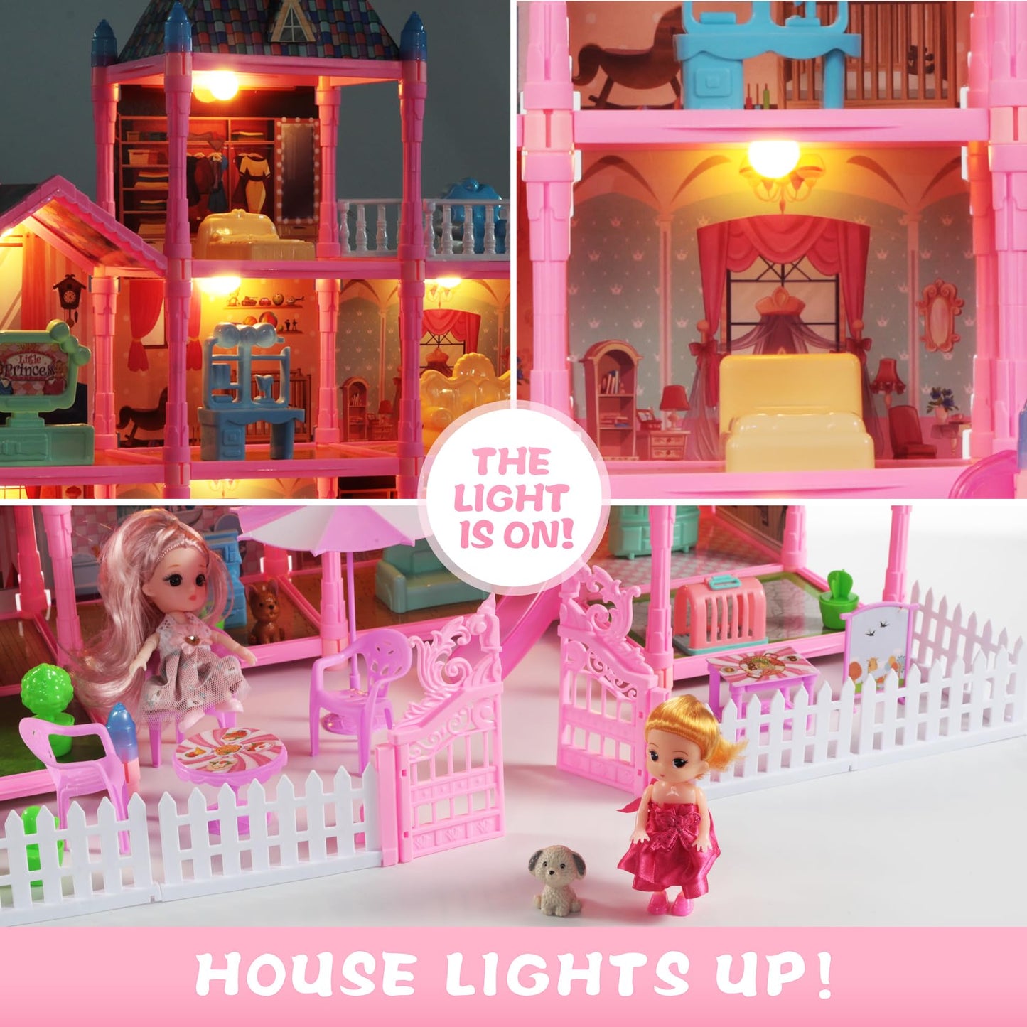 Randhar Doll House For Girls With Lights, 3 Dolls, 4 Floors -13 Rooms, 7 Sets Of Furniture And Accessories, Design And Build Gif