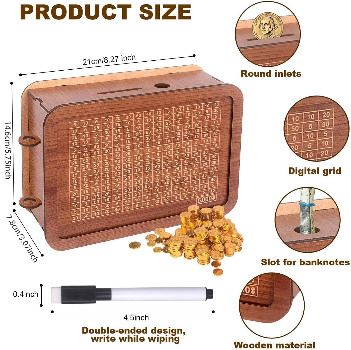 Wooden Piggy Bank Wooden Coin Bank For Adults Kids Money Saving Box With 5000 Dollars Target 5K Savings Challenge Box For Girls