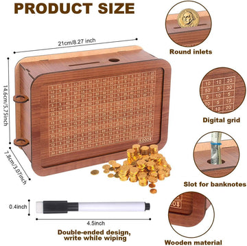 Wooden Piggy Bank Wooden Coin Bank For Adults Kids Money Saving Box With 5000 Dollars Target 5K Savings Challenge Box For Girls