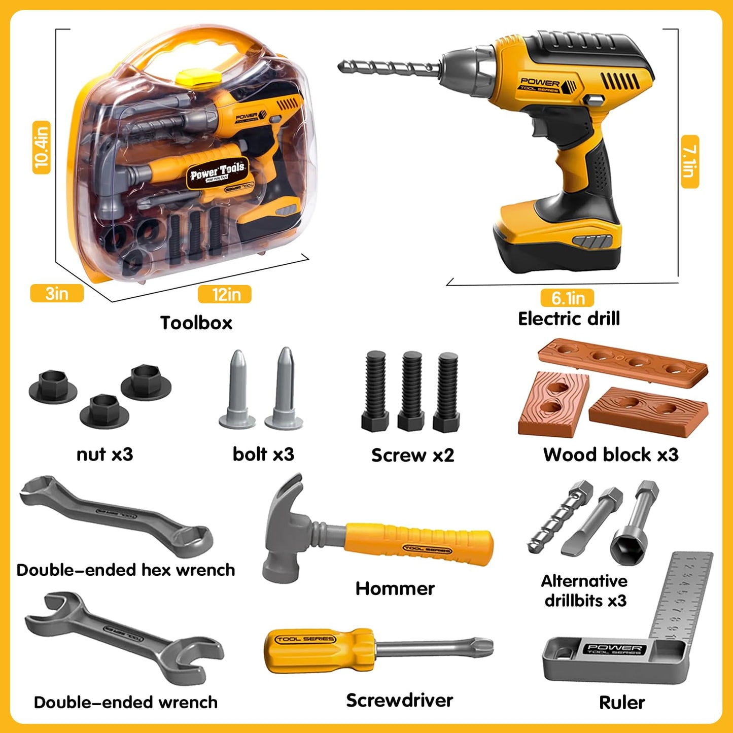 Playhiland Pretend Play Kids Construction Kits, Kids Tool Set with Electronic Toy Drill & Tool Box, Toy Tools for Kids 3 4 5 6 7