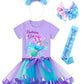 Doctor Unicorn Birthday Girls Mermaid Outfit Set Costume Tutu Skirt Dress, Mermaid Birthday Shirt, Headband & Satin Sash (Purple-1, 8-9 Years)